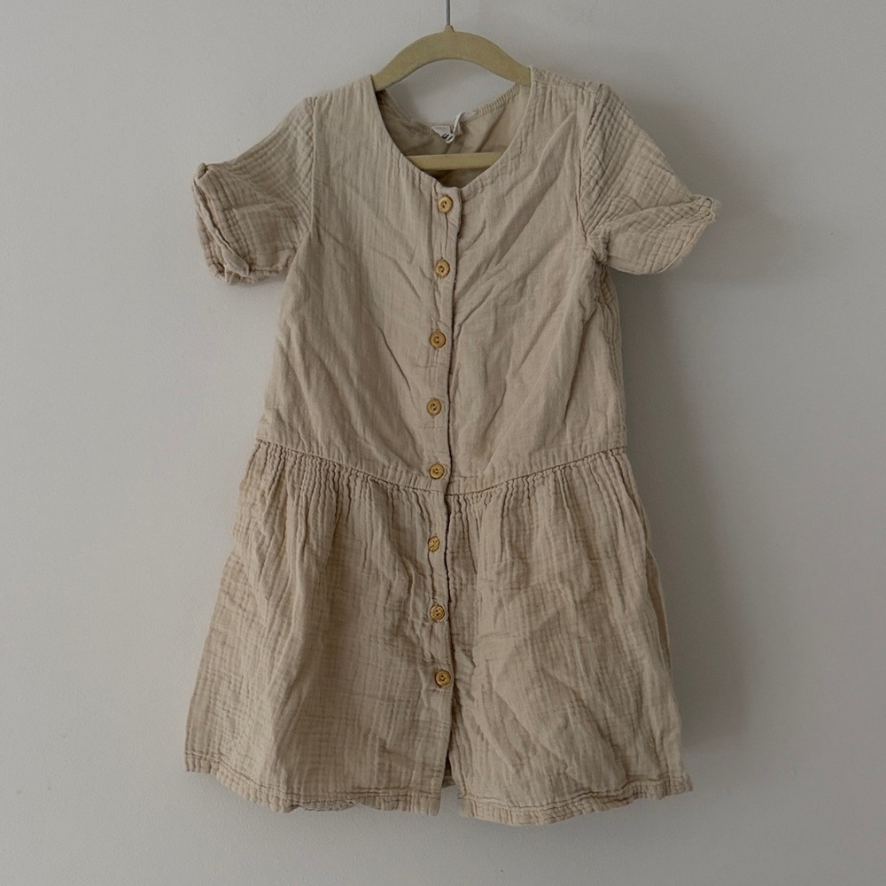H&M Girls' Muslin Cream Beige Button-Front 100% Cotton Dress 6-7 Years
